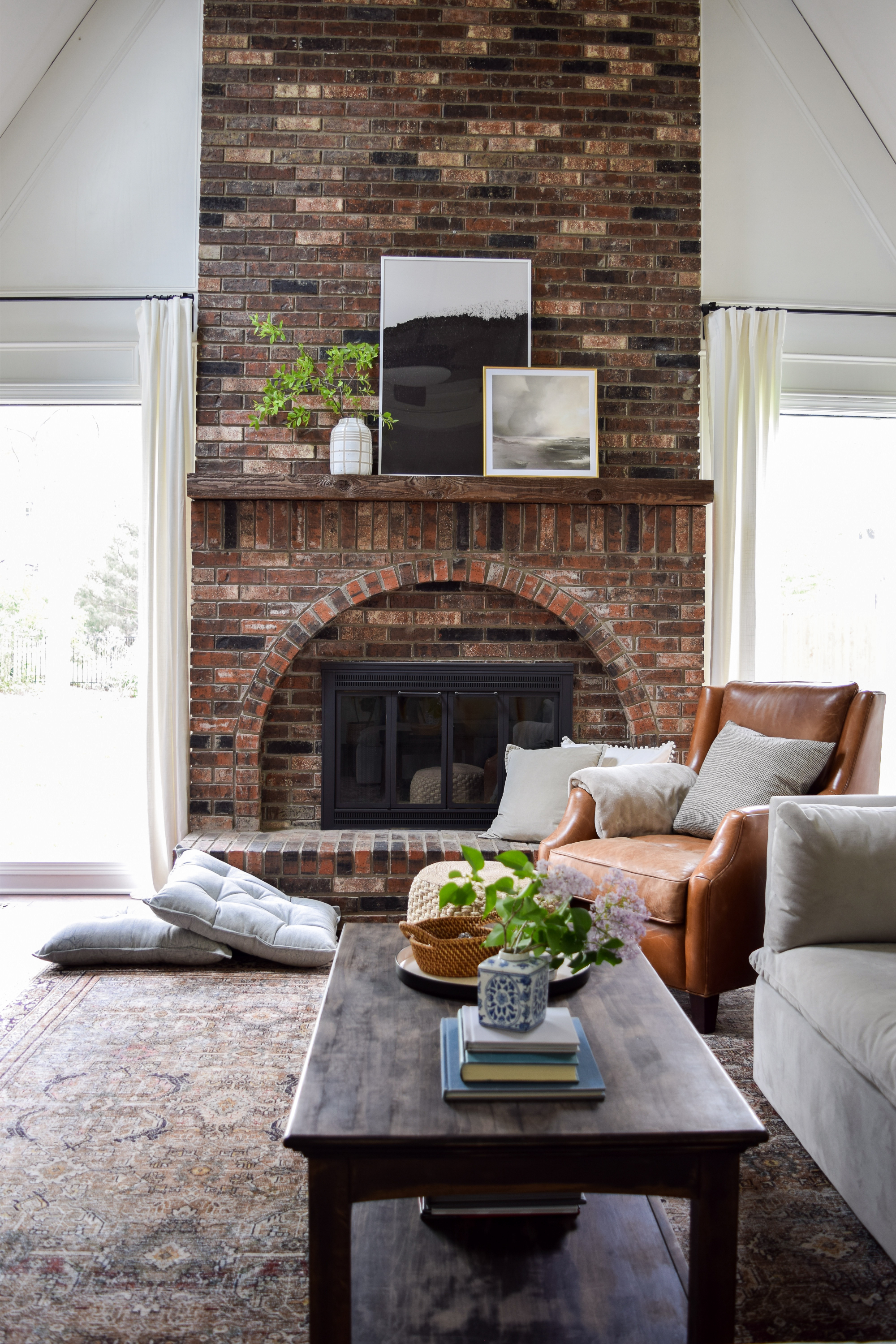 modern red brick fireplace